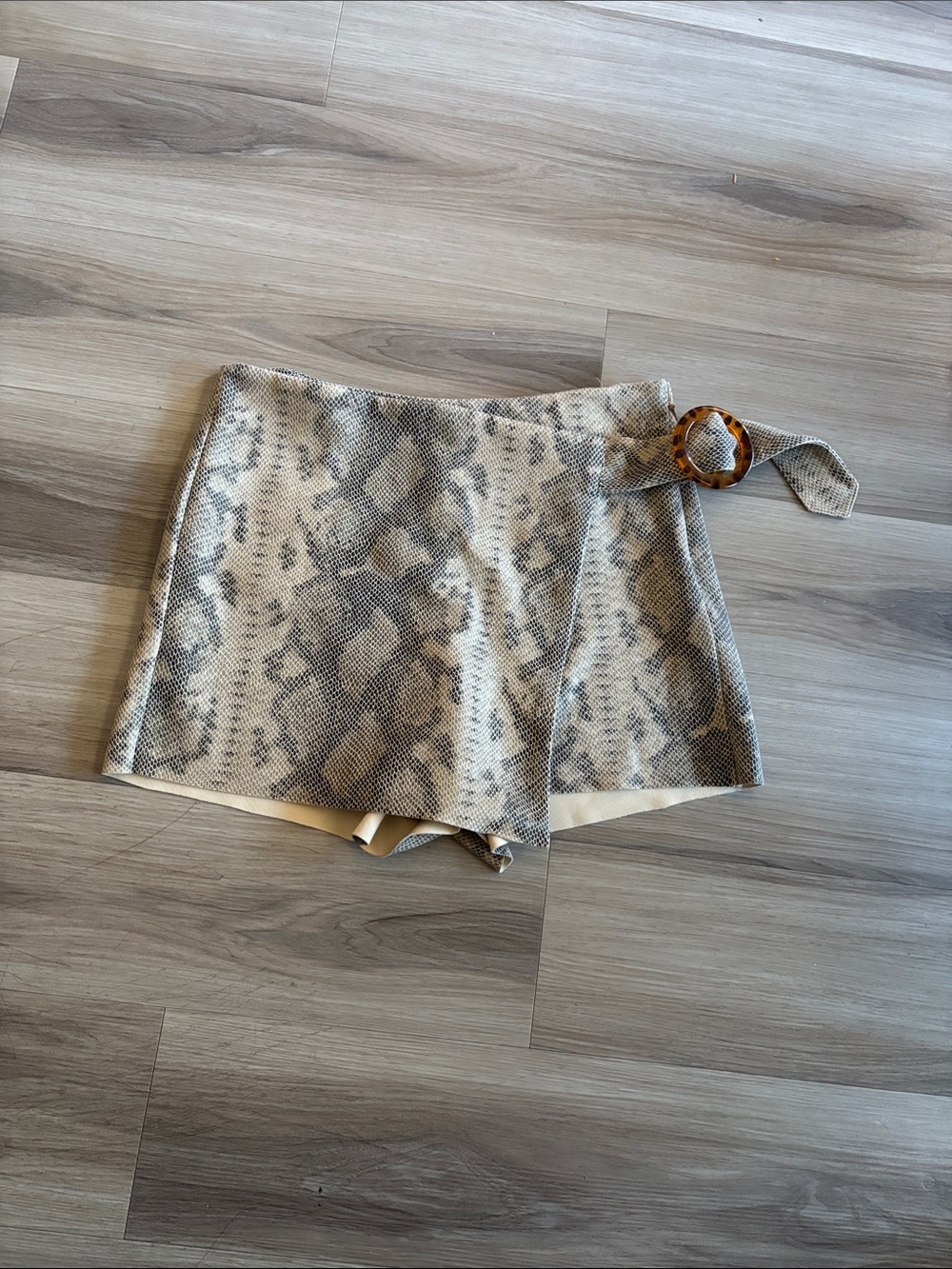 Zara Beige and Gray Snake-Print Wrap Skort with Tortoise Buckle